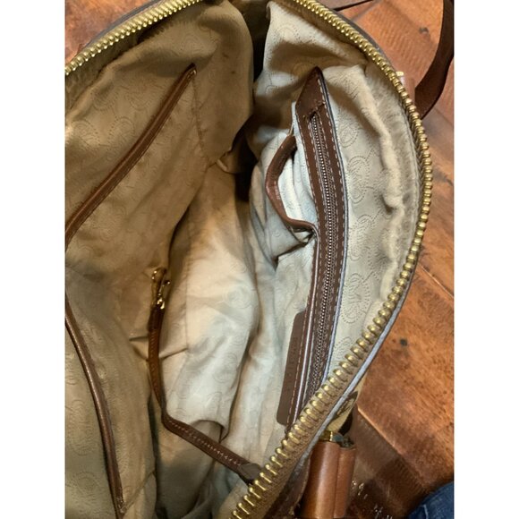 Michael Kors Brown Fabric Signature Monogram Satchel Bag Purse - Picture 6 of 7